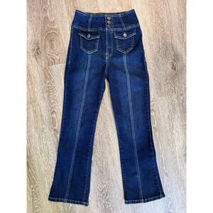 New 3 Fashion Nova Cropped Ankle‎ Flare Capri Denim Blue Jeans Dark Wash High